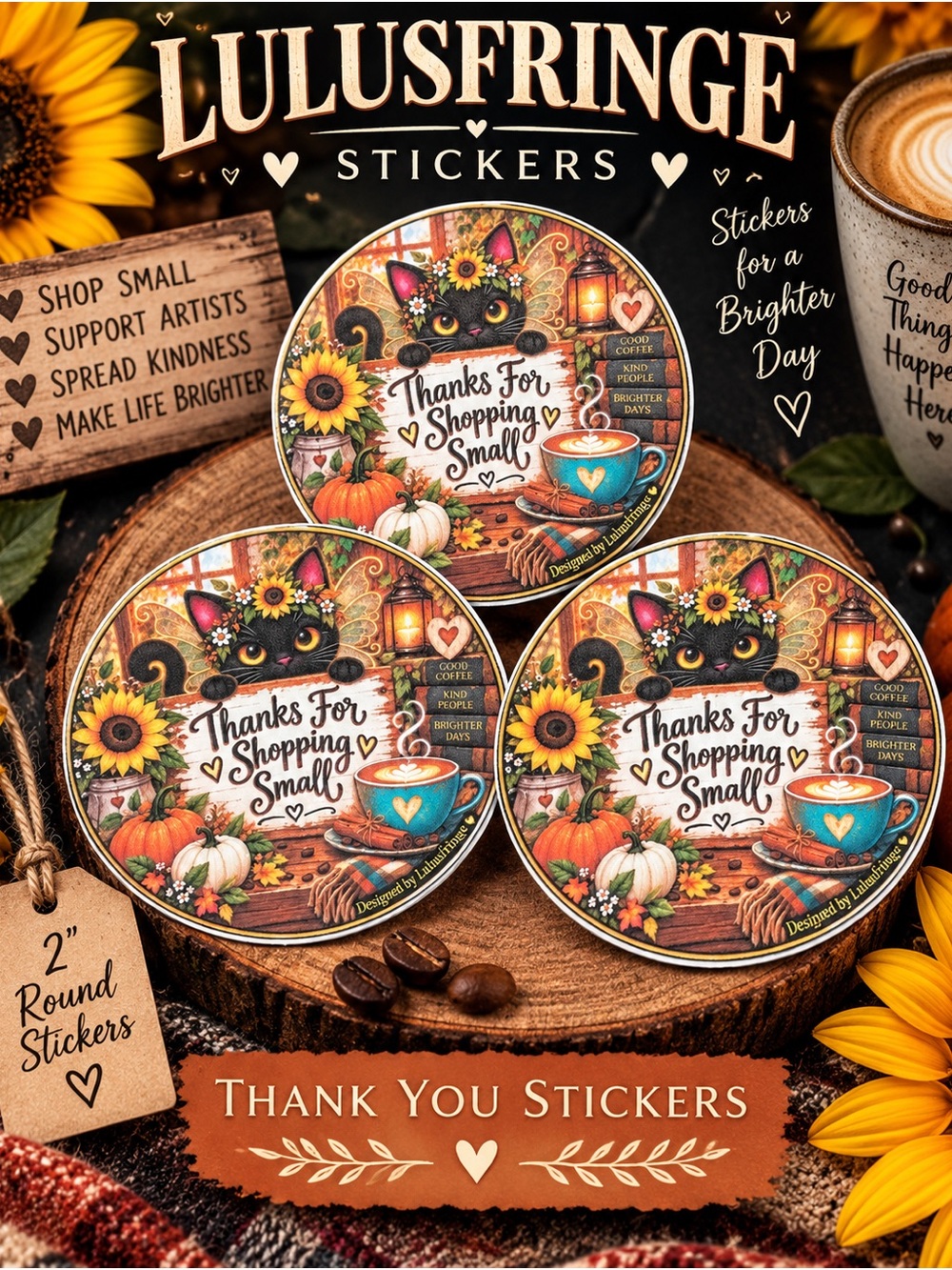 48/$25 Artisan Thank You Stickers — Autumn Sunflower Teal & Pumpkin Palette